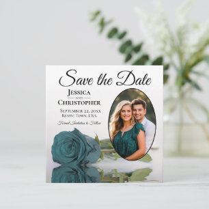 Elegante Turquoise Roos op Wit met Ovale Fotolijst Save The Date