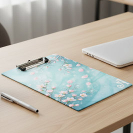 Elegante Turquoise Roze Kersenbloesem Initialen Klembord