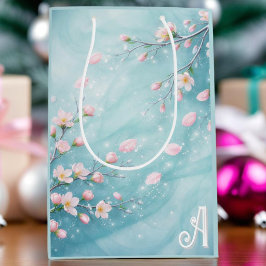 Elegante Turquoise Roze Kersenbloesem Initialen Medium Cadeauzakje