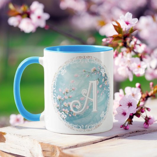 Elegante Turquoise Roze Kersenbloesem Initialen Mok