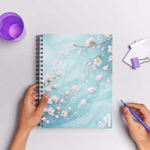 Elegante Turquoise Roze Kersenbloesem Initialen Notitieboek
