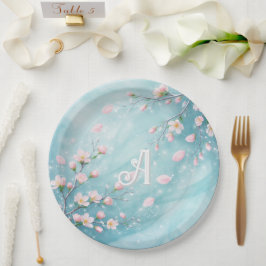 Elegante Turquoise Roze Kersenbloesem Initialen Papieren Bordje