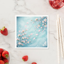 Elegante Turquoise Roze Kersenbloesem Initialen Servet