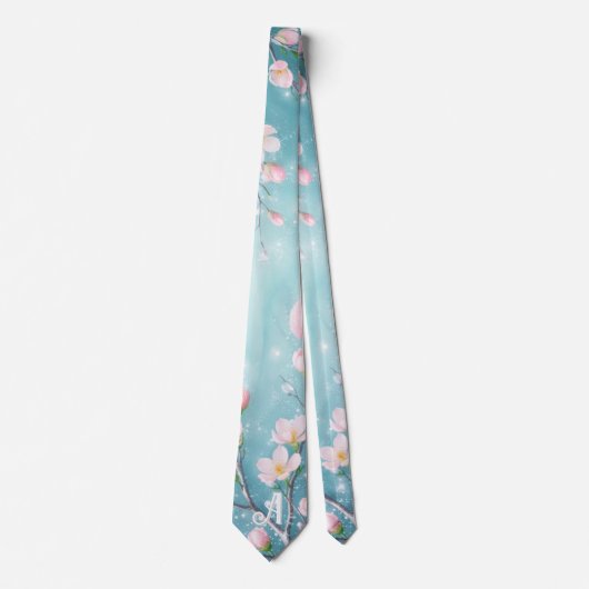 Elegante Turquoise Roze Kersenbloesem Initialen Stropdas (Voorkant)