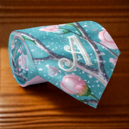 Elegante Turquoise Roze Kersenbloesem Initialen Stropdas