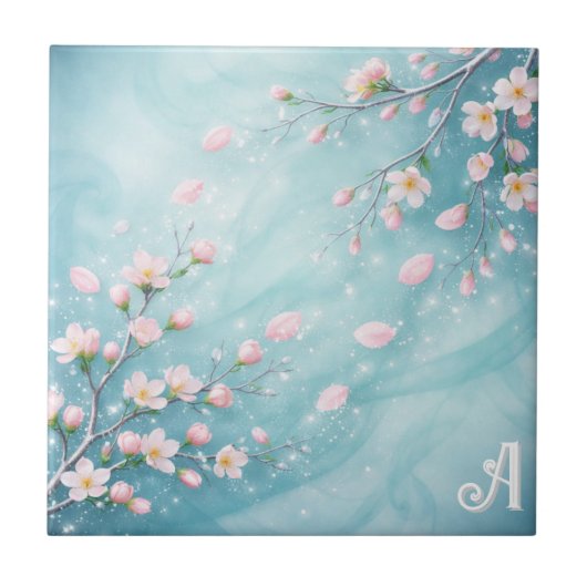 Elegante Turquoise Roze Kersenbloesem Initialen Tegeltje (Voorkant)