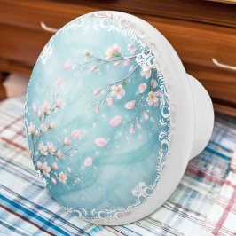 Elegante Turquoise Roze Kersenbloesem Keramische Knop