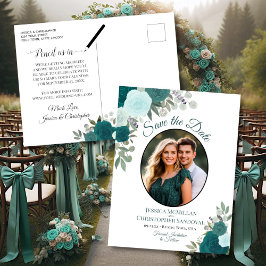Elegante Turquoise Rozen & Foto Trouw Save the Dat Aankondigingskaart