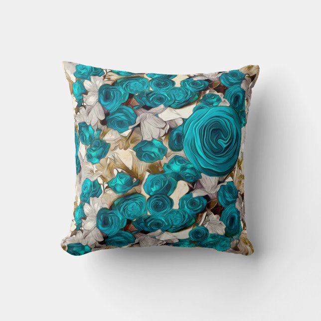Elegante turquoise rozen op beige abstract kussen (Voorkant)