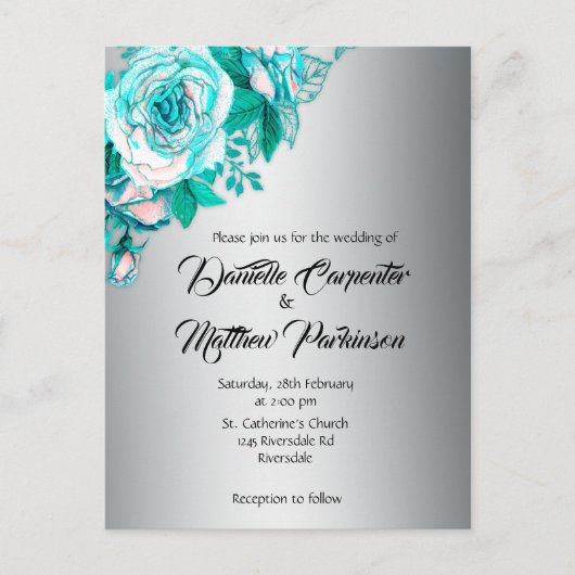 Elegante Turquoise Rozen, Silver Wedding Invitatio Briefkaart (Voorkant)