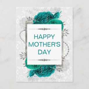 Elegante Turquoise Rozen & Zilveren Glitters Moede Briefkaart