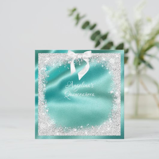 Elegante turquoise satijn, zilver glitters, Quince Kaart (Staand voorkant)