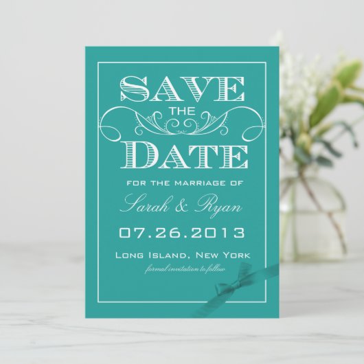Elegante Turquoise Save the Date Aankondiging (Staand voorkant)