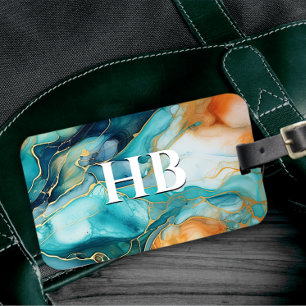 Elegante turquoise sinaasappel marmer kunst faux g bagagelabel