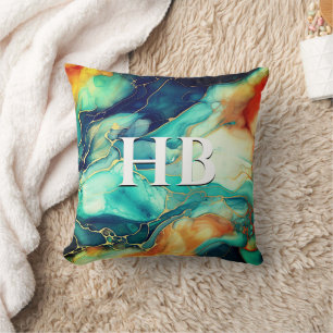 Elegante turquoise sinaasappel marmer kunst faux g kussen