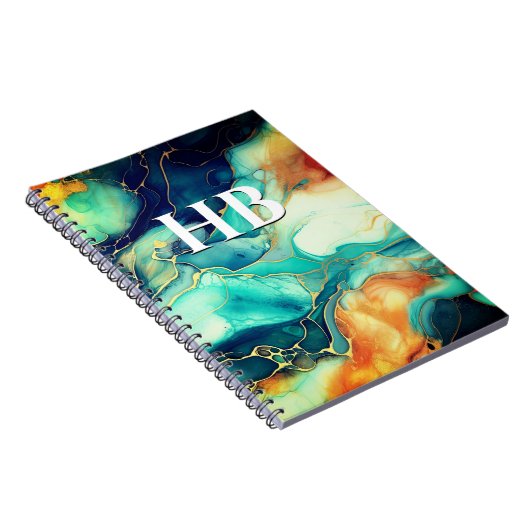 Elegante turquoise sinaasappel marmer kunst faux g notitieboek (Rechterzijde)