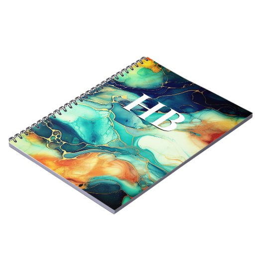 Elegante turquoise sinaasappel marmer kunst faux g notitieboek (Linkerzijde)