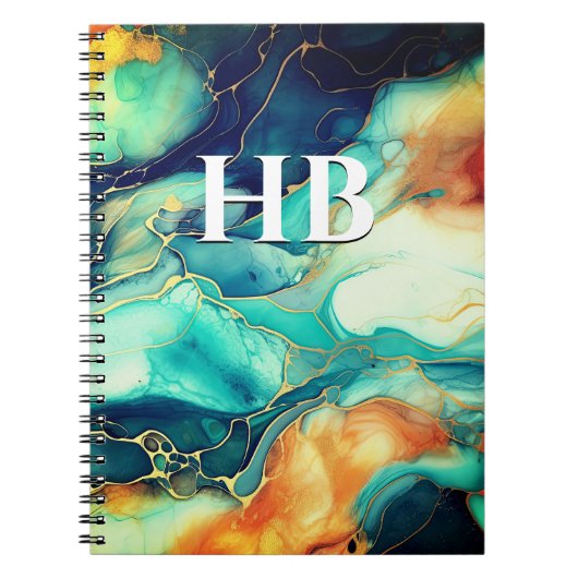 Elegante turquoise sinaasappel marmer kunst faux g notitieboek (Voorkant)