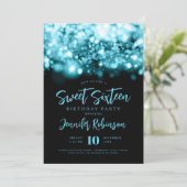 Elegante Turquoise Sparkle Lights Foto Sweet 16 Kaart (Staand voorkant)