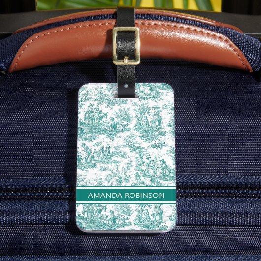 Elegante turquoise toile de jouy bagagelabel (Voorkant Insitu 2)
