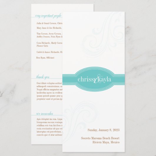 Elegante turquoise uitnodiging, Caroline Wedding (Voorkant / Achterkant)
