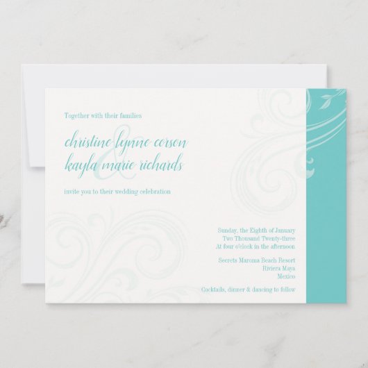 Elegante turquoise uitnodiging, Caroline Wedding Kaart (Voorkant)