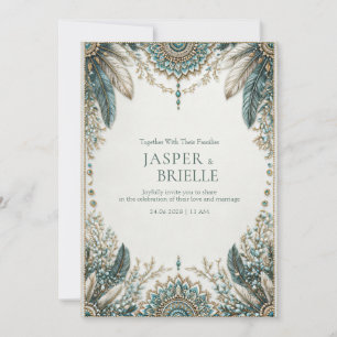 Elegante Turquoise Veer Versierde Filigraan Huweli Kaart