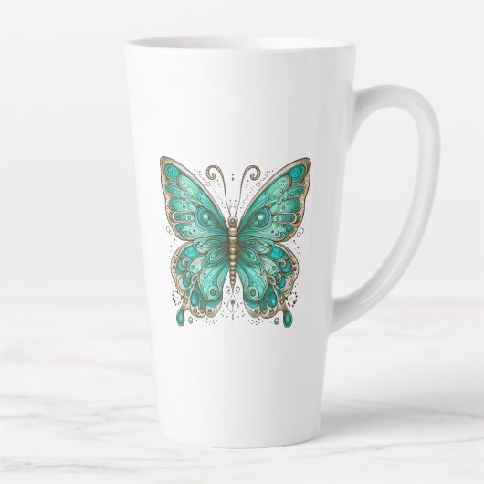 Elegante Turquoise vlinder Groot Latte Mok (Rechts)