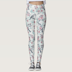 Elegante Turquoise Vogels Roze Kersenbloesem Leggings