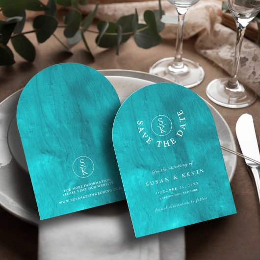 Elegante Turquoise Waterverf Arch Save the Date Kaart