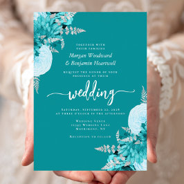 Elegante Turquoise Zilveren Bloemige Bruiloft Folie Uitnodiging