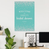 Elegante turquoise zilveren confetti bruidsdouche poster (Thuiskantoor)