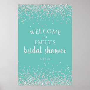 Elegante Turquoise Zilveren Confetti Bruidsfeest Poster