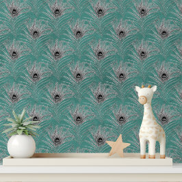 Elegante Turquoise Zilveren Glitter Peacock Veren Behang