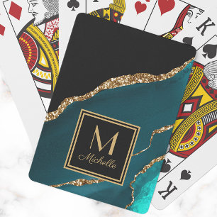 Elegante Turquoise Zwart Goud Monogram Eerste Lett Pokerkaarten