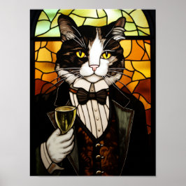 Elegante Tuxedo Kat in Glas-in-Loodstijl Poster
