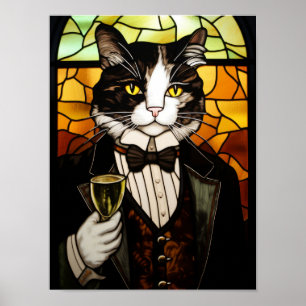Elegante Tuxedo Kat in Glas-in-Loodstijl Poster