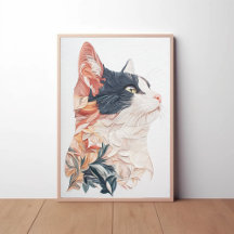 Elegante Tuxedo Kat met Blad Motief – Papier Kunst