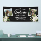 Elegante twee foto bloemig Afstuderen zwart Spandoek (Beurs)