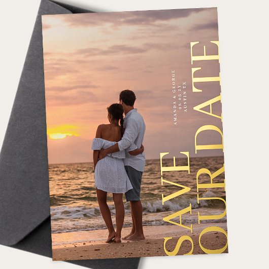 Elegante twee foto bruiloft GOUD Bewaar de datum Folie Uitnodiging