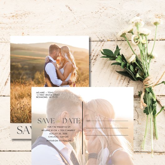 Elegante twee foto budget bruiloft Save the Date Aankondigingskaart