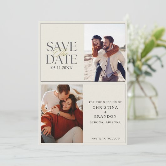 Elegante twee foto moderne bruiloft save the date (Staand voorkant)