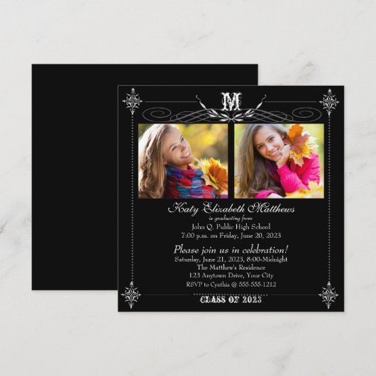 Elegante twee foto monogram afstudeerfeest kaart (Voorkant / Achterkant)