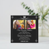 Elegante twee foto monogram afstudeerfeest kaart (Staand voorkant)