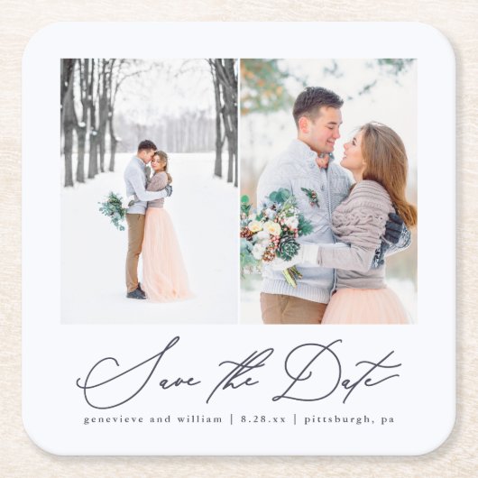 Elegante Twee Foto Trouwen Save the Date Onderzett Kartonnen Onderzetters (Voorkant)