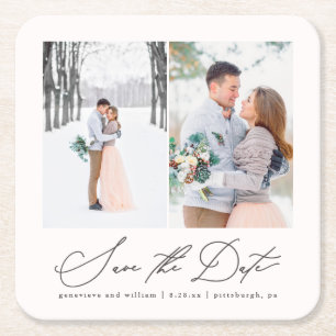 Elegante Twee Foto Trouwen Save the Date Onderzett Kartonnen Onderzetters