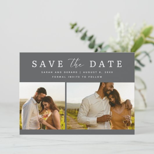 Elegante twee foto's bruiloft Save the Date (Staand voorkant)