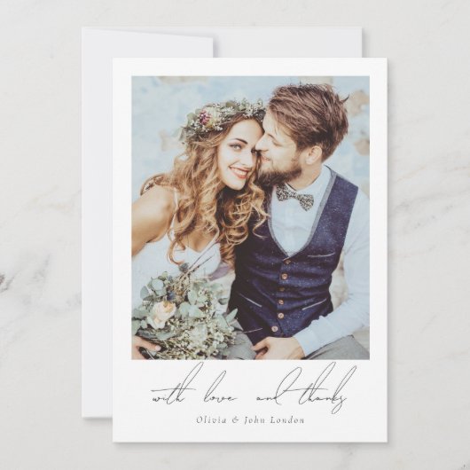 Elegante twee fotoscript minimalistische bruiloft bedankkaart (Voorkant)