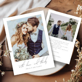 Elegante twee fotoscript minimalistische bruiloft bedankkaart