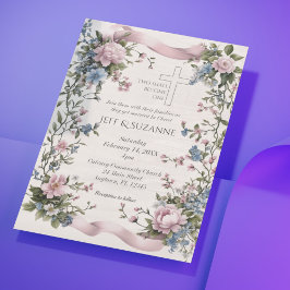 Elegante twee worden een roze lint bloemenkruis vellum uitnodigingen